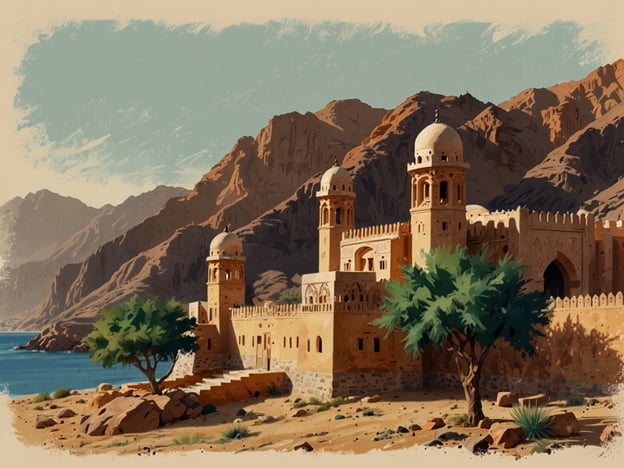 Der Oman ist ein faszinierendes Land auf der Arabischen Halbinsel, bekannt für seine beeindruckenden Landschaften und reichhaltige Geschichte. Auf dem Bild ist eine festungsartige Struktur zu sehen, die von majestätischen Bergen umgeben ist und einen Blick auf das Wasser bietet. Diese Art von Architektur ist typisch für den Oman, wo viele historische Stätten und Festungen existieren, die die kulturelle und militärische Geschichte des Landes widerspiegeln. Die Mischung aus Natur und Baukunst zeigt die Schönheit und die kulturelle Vielfalt des Omans.