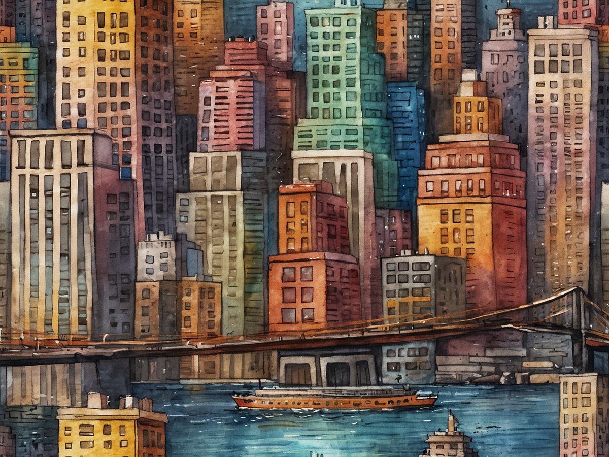 Ein malerischer Blick auf die bunten Hochhäuser von New York City, die dicht beieinander stehen und die Skyline prägen. Auffällige Farben in den Fassaden reichen von warmen Orangetönen bis hin zu kühlen Blautönen. Im Vordergrund verläuft ein Fluss, auf dem ein Boot fährt, und eine Brücke verbindet die Ufer. Die Szene strahlt die lebendige Energie der Stadt aus, die niemals schläft.