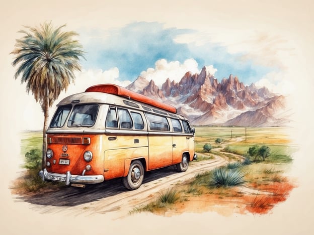 Auf dem Bild ist ein vintage VW-Bus zu sehen, umgeben von einer malerischen Landschaft mit Palmen und Bergen. Diese Darstellung könnte symbolisch für nachhaltiges Reisen und Umweltbewusstsein stehen. Der VW-Bus ist bekannt für seinen Einsatz im Camping und der Natur, was Reisende oft zu umweltfreundlicheren Praktiken inspiriert, wie zum Beispiel zu reduzieren und die Natur zu respektieren. Solche Fahrzeuge können auch eine Verbindung zur Natur herstellen und das Bewusstsein für die Schönheit unserer Umwelt fördern, während sie gleichzeitig umweltfreundliche Reiseerlebnisse unterstützen.