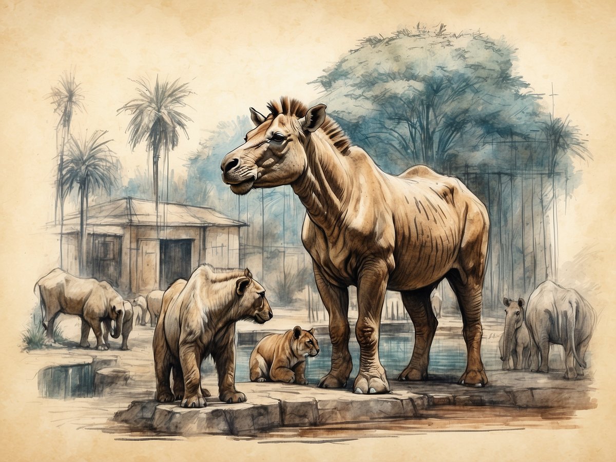 Eine Illustration zeigt verschiedene Tiere in einem tierparkähnlichen Umfeld. Im Vordergrund stehen ein großes, braunes Tier mit einem massiven Körper und mehreren kleineren Tieren, die zusammen posieren. Nähere Details deuten auf ein gewisses Gruppenverhalten hin. Im Hintergrund sind Bäume und ein Gebäude zu sehen, was auf einen natürlichen Lebensraum hinweist. Die gesamte Szene vermittelt eine ruhige, harmonische Atmosphäre, typisch für einen Besuch im Tierpark Neumünster.