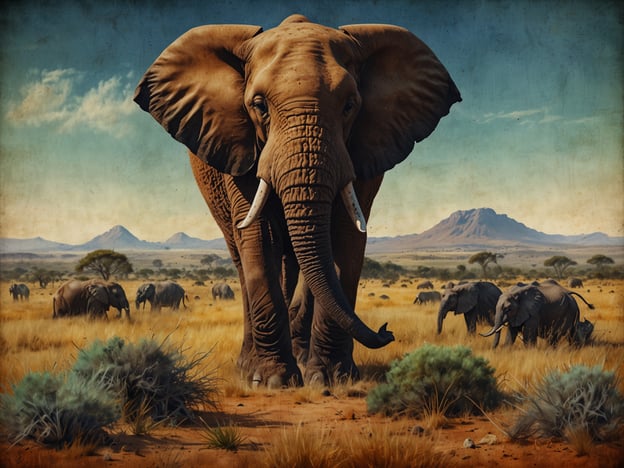 Auf dem Bild ist eine beeindruckende Szene aus der afrikanischen Savanne zu sehen, die ein majestätisches Elefantentier zeigt. Der Elefant steht im Vordergrund und erscheint sehr groß und dominant, während im Hintergrund weitere Elefanten in der Weite der Landschaft sichtbar sind. Die Umgebung ist geprägt von trockenen Gräsern und vereinzelten Bäumen sowie einer hügeligen Landschaft, die typisch für viele Regionen Südafrikas ist. Diese Landschaft bietet Lebensraum für eine Vielzahl von Wildtieren und ist bekannt für ihre beeindruckende Naturvielfalt. Südafrika ist berühmt für seine Safari-Erlebnisse, wo Besucher solche majestätischen Kreaturen in ihrem natürlichen Lebensraum beobachten können.