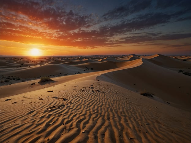 Auf dem Bild ist die bezaubernde Wüste Namib zu sehen. Die Landschaft wird von sanften Sanddünen geprägt, die im Licht der untergehenden Sonne in warmen Farben erstrahlen. Der Himmel ist mit faszinierenden Wolkenformationen durchzogen, die die Schönheit dieser einzigartigen Wüstenumgebung unterstreichen.