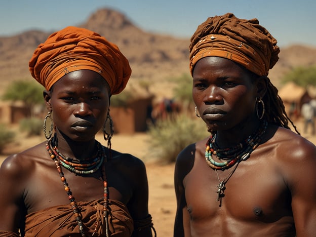 Auf dem Bild sind zwei Menschen aus Namibia zu sehen, die traditionelle Kleidung und Schmuck tragen. Diese Darstellung könnte zur Kultur der Himba gehören, einem indigenen Volk, das für seine charakteristischen roten Hautfarben, die durch die Anwendung von Ocker entsteht, bekannt ist. 

Die Frauen und Männer tragen oft auffällige Kopfbedeckungen und Schmuck aus Perlen, der eine wichtige Rolle in ihrer Kultur spielt. Die Himba sind bekannt für ihren nomadischen Lebensstil und ihre tief verwurzelten Traditionen, die sowohl die Gemeinschaft als auch die Verbindung zur Natur betonen. 

Solche Darstellungen sind nicht nur visuelle Kunstwerke, sondern auch Ausdruck der reichen kulturellen Identität Namibias.