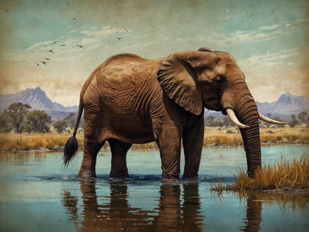 Auf dem Bild ist ein majestätischer Elefant zu sehen, der in ruhigem Wasser steht. Die beeindruckende Tierwelt wird durch seine mächtigen Stämme und den großen Körper, der elegant in der Natur platziert ist, unterstrichen. Im Hintergrund erkennt man eine malerische Landschaft mit Bergen und Bäumen, die die natürliche Schönheit der Umgebung ergänzt. Der Elefant symbolisiert Stärke und Anmut, während er in seiner natürlichen Umgebung agiert.