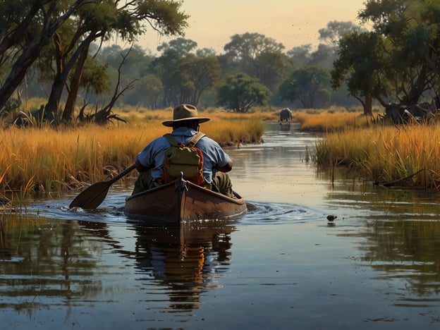 Auf dem Bild ist eine ruhige Szenerie in der Natur zu sehen, in der eine Person in einem Kanu paddelt. Diese Aktivität bietet eine großartige Möglichkeit, die Natur zu erleben und die Ruhe des Wassers zu genießen. Man könnte auch an Wildbeobachtungen teilnehmen, da im Hintergrund möglicherweise Elefanten oder andere Tiere zu sehen sind, was perfekt für Naturliebhaber ist. Solche Ausflüge bieten die Möglichkeit, die Flora und Fauna hautnah zu erleben, während man gleichzeitig die Stille und Schönheit der Umgebung schätzt. Weitere Aktivitäten könnten das Angeln, Vogelbeobachtungen oder einfaches Entspannen am Wasser sein.