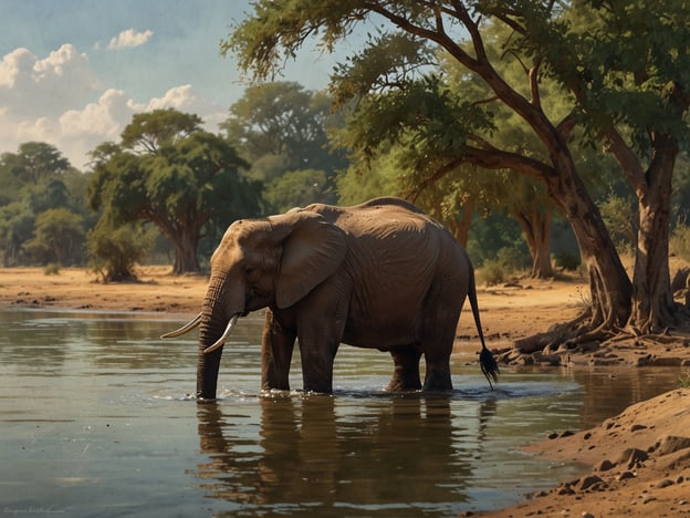 Auf dem Bild ist ein Elefant zu sehen, der im Wasser steht, umgeben von Bäumen. Dies erinnert an die besten Safari-Destinationen in Sambia, wie den South Luangwa Nationalpark oder den Lower Zambezi Nationalpark, wo man oft Elefanten in ihrem natürlichen Lebensraum antreffen kann. Diese Gebiete sind bekannt für ihre reiche Tierwelt und bieten hervorragende Möglichkeiten zur Tierbeobachtung.