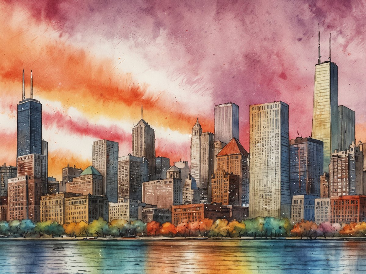 Die Skyline von Chicago wird von majestätischen Wolkenkratzern dominiert, darunter der hohe Willis Tower und andere markante Gebäude. Im Vordergrund spiegelt sich der ruhige Wasserspiegel eines Sees wider, während die Farben des Sonnenuntergangs in lebhaften Tönen von Rot, Orange und Lila den Himmel erleuchten. Bunte Bäume säumen das Ufer und verleihen der Szene eine herbstliche Atmosphäre. Die beeindruckende Architektur und die dynamische Farbpalette vermitteln das besondere Flair der Windy City.