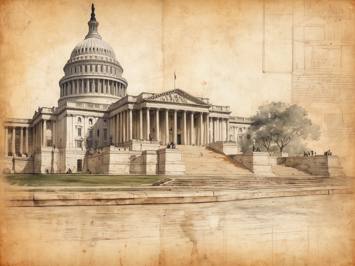 Das Bild zeigt das Kapitol in Washington D.C. mit seiner markanten Kuppel, umgeben von einer beeindruckenden Treppe und Säulenfassaden. Im Vordergrund ist ein ruhiger Platz mit einigen Menschen zu sehen, die sich entspannen oder spazieren gehen. Die Architektur des Gebäudes strahlt historische Bedeutung aus, während der Hintergrund sanfte Farbtöne und skizzenhafte Elemente aufweist, die die künstlerische Darstellung ergänzen.