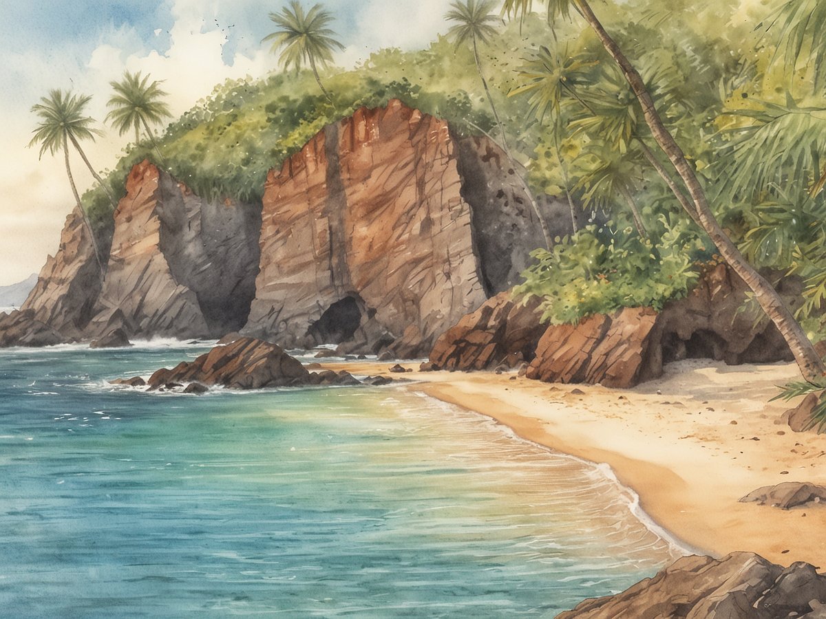 Ein malerischer Strand auf Maui mit feinem Sand, umgeben von grünen Palmen und beeindruckenden Felsformationen. Das glitzernde, türkisfarbene Wasser trifft sanft auf den Strand, während eine ruhige und friedliche Atmosphäre herrscht. Im Hintergrund sind grüne Hügel sichtbar, die die tropische Landschaft betonen.