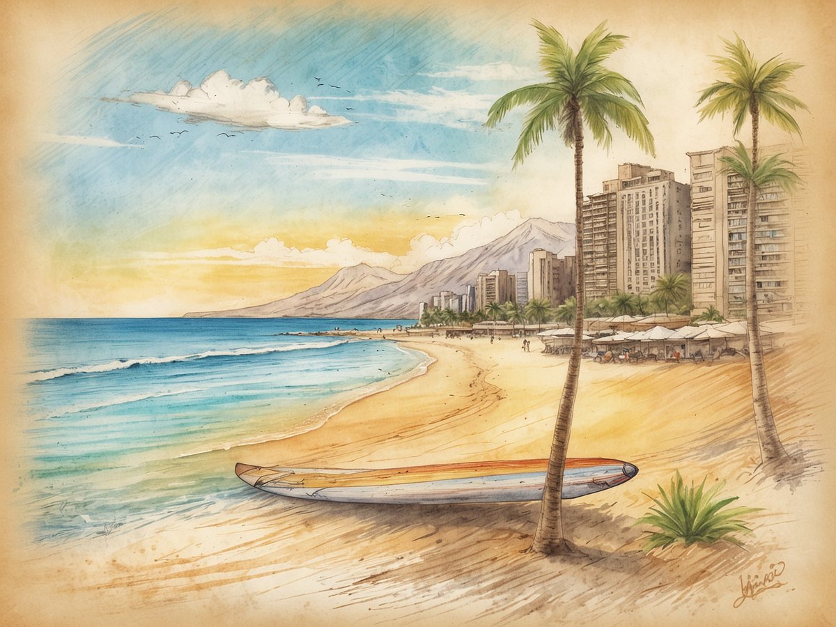 Ein malerischer Strandblick auf Honolulu auf Oahu, mit sanften Wellen, die ans Ufer schlagen. Ein Surfbrett liegt im Sand, während im Hintergrund hohe Gebäude und Palmen zu sehen sind. Die Himmel ist hellblau mit einigen Wolken und die Sonne strahlt über die Landschaft. Die Umgebung vermittelt eine entspannte Atmosphäre von Surfen und Kultur.