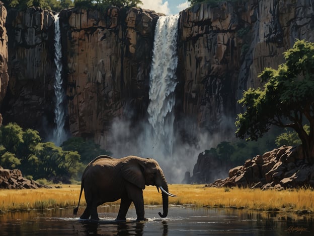 Auf dem Bild ist eine beeindruckende Naturlandschaft zu sehen, die von majestätischen Wasserfällen und einer einzigartigen Tierwelt geprägt ist. Der Elefant, der im Wasser steht, ist ein zentraler Punkt, der das typische Bild der afrikanischen Savanne widerspiegelt.

Einige Must-See Sehenswürdigkeiten, die mit solch einer Szenerie verbunden sein könnten, sind:

1. **Victoriafälle** – Diese berühmten Wasserfälle an der Grenze zwischen Sambia und Simbabwe sind ein faszinierendes Naturphänomen.
2. **Kruger Nationalpark** – Ein hervorragender Ort, um Elefanten und andere Wildtiere in ihrem natürlichen Lebensraum zu beobachten.
3. **Serengeti Nationalpark** – Bekannt für die große Tierwanderung und die beeindruckende Tierwelt.
4. **Ngorongoro-Kraterschutzgebiet** – Ein einzigartiges UNESCO-Weltkulturerbe, das für seine Tierpopulation bekannt ist.

Diese Orte bieten spektakuläre Ausblicke und erlebnisreiche Begegnungen mit der Natur.