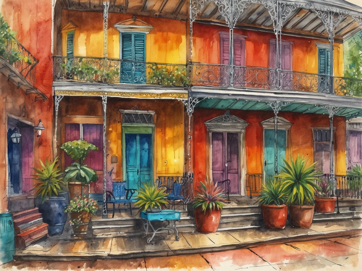 Ein farbenfrohes Gebäude in New Orleans mit typischen Balkonen im französischen Stil und bunten Türen. Die Fassade ist in kräftigen Tönen gehalten, darunter Orange, Blau und Grün. Vor dem Gebäude befinden sich verschiedene Pflanzen in Töpfen. Einladende Sitzgelegenheiten auf der Veranda laden zum Verweilen ein. Die Szene strahlt eine entspannte Atmosphäre aus, die die Lebensfreude und kulturelle Vielfalt der Stadt verkörpert.