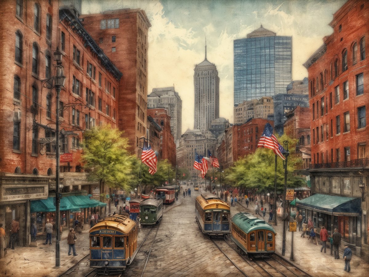 Die Szene zeigt eine lebendige Straße in Boston, die sowohl historische als auch moderne Elemente vereint. An den Seiten der Straße stehen alte Backsteingebäude, während im Hintergrund moderne Wolkenkrater aufragen. Auf der Straße fahren hinweg nostalgische Straßenbahnen in verschiedenen Farben. Über die Straße wehen amerikanische Flaggen, und Spaziergänger beleben das Bild. Das grüne Laub der Bäume bringt einen Hauch von Natur in die städtische Umgebung.