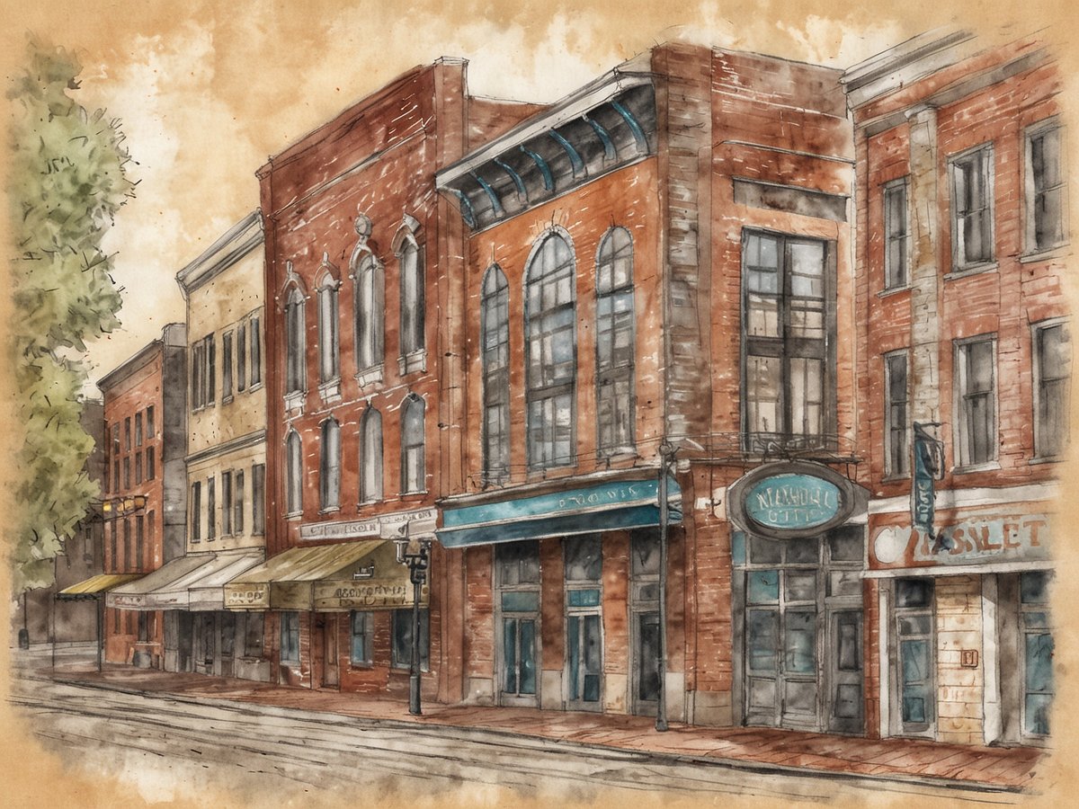 Eine malerische Straßenansicht zeigt historische, Backstein gebaute Gebäude mit großen Fenstern und dekorativen Details. Die Architektur vermittelt den Charme von Nashville, der Musikstadt, bekannt für Country und Kultur. Einige Geschäfte haben Markisen und nächtliche Beleuchtung, während sich auf der Straße keine Menschen befinden. Die Farbpalette ist in sanften Brauntönen gehalten, was der Szene ein nostalgisches Gefühl verleiht. An einer der Fassaden ist ein Schild mit dem Namen "Nashville City" angebracht. Grüne Bäume im Vordergrund runden das Bild ab und betonen die südländische Gastfreundschaft der Stadt.