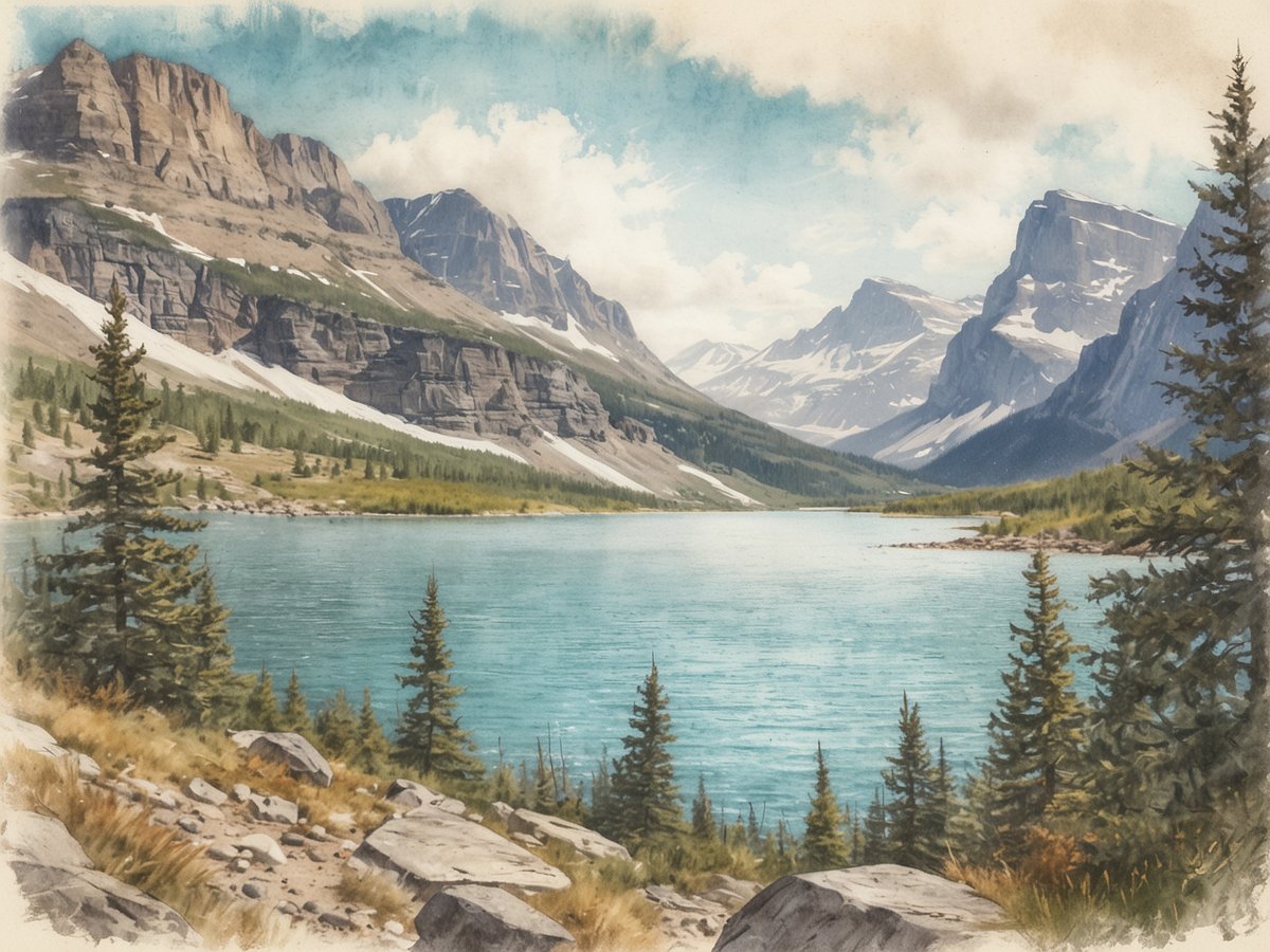 Der Glacier Nationalpark zeigt unberührte Natur mit imposanten Gletscherlandschaften. Im Vordergrund ist ein klarer See, umgeben von grünen Nadelbäumen und felsigen Uferlinien. Die majestätischen Berge im Hintergrund sind teilweise mit Schnee bedeckt und erheben sich unter einem blauen Himmel mit weißen Wolken. Ein harmonisches Zusammenspiel von Wasser, Bergen und Wald vermittelt die Schönheit der Landschaft.