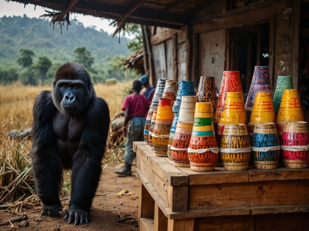 Auf dem Bild sieht man einen Gorilla und einige farbenfrohe Holzgefäße, wahrscheinlich aus der Region Ruanda. 

Reisetipps für Ruanda:

1. **Gorilla-Tracking**: Besuche den Volcanoes National Park, um die majestätischen Berggorillas in ihrem natürlichen Lebensraum zu beobachten. Es ist eine einmalige Erfahrung, die du dir nicht entgehen lassen solltest.

2. **Kulturelle Begegnungen**: Nutze die Gelegenheit, die lokale Kultur kennenzulernen. Die Märkte sind voll von handgefertigten Waren, darunter auch farbige Holzgefäße, die eine großartige Souvenirwahl darstellen.

3. **Naturerlebnisse**: Erkunde weitere Nationalparks wie den Akagera National Park, wo du auf Safari gehen und die vielfältige Tierwelt Ruandas entdecken kannst.

4. **Lake Kivu**: Entspanne dich am Lake Kivu, wo du schwimmen, Kajak fahren oder einfach die wunderschöne Landschaft genießen kannst.

5. **Bewusster Tourismus**: Unterstütze lokale Gemeinschaften, indem du in deren Unterkünften übernachtest und deren Produkte kaufst. 

Ruanda bietet eine unglaubliche Mischung aus Natur, Tierschutz und Kultur!