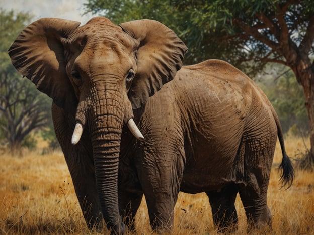 Auf dem Bild ist ein majestätischer Elefant zu sehen, der in einer savannenartigen Landschaft steht. Um ihn herum sind Gräser und einige Bäume zu erkennen. Solche beeindruckenden Tiere kann man bei Unvergesslichen Safaris hautnah erleben, wo man die Schönheit der afrikanischen Tierwelt in ihrer natürlichen Umgebung genießen kann.