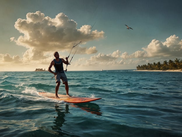 Auf dem Bild ist ein Mann zu sehen, der auf einem Surfbrett steht und mit einem Kite surft. Im Hintergrund sind traumhafte Strände mit Palmen und einer schönen Wolkenlandschaft. Die Szenerie vermittelt ein Gefühl von Freiheit und Abenteuer auf dem Wasser.