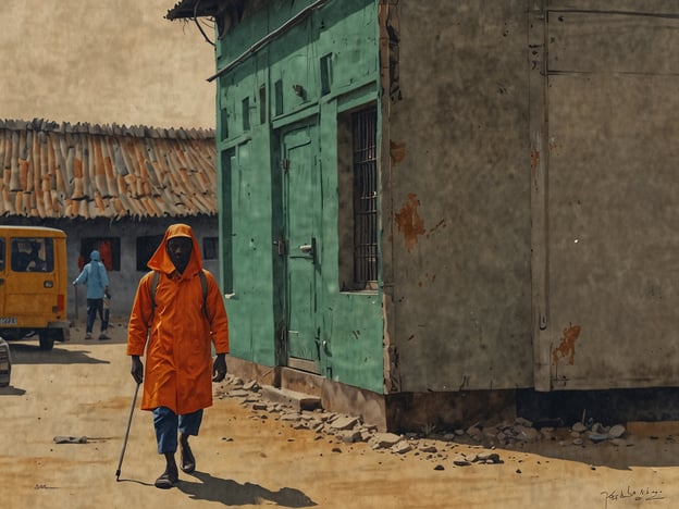 Auf dem Bild sieht man eine Person in einem auffälligen orangefarbenen Regenmantel, die mit einem Gehstock durch eine städtische Umgebung läuft. Im Hintergrund sind einfache Gebäude mit einer grünen Fassade und einem Dach aus Ziegeln sowie ein gelbes Fahrzeug zu erkennen. 

Für Reisende sind hier einige praktische Informationen:

1. **Kleidung**: Bei feuchtem oder unbeständigem Wetter ist es ratsam, wasserfeste Kleidung zu tragen, wie im Bild zu sehen. Dies hilft, trocken zu bleiben und die Umgebung bequem zu erkunden.

2. **Mobilität**: Wenn man auf Gehhilfen angewiesen ist, sollte man überlegen, in Gebieten mit unebenen Straßen und Gehwegen besonders vorsichtig zu sein. Die Infrastruktur kann variieren.

3. **Kulturelle Sensibilität**: In städtischen Gebieten sollte man sich der lokalen Kultur und der Sitten bewusst sein. Ein respektvoller Umgang ist wichtig, um positive Begegnungen zu fördern.

4. **Transport**: Das vorgezeigte Fahrzeug deutet darauf hin, dass es in der Umgebung möglicherweise lokale Transportmöglichkeiten gibt. Es ist oft hilfreich, sich über öffentliche Verkehrsmittel oder Taxis zu informieren.

5. **Sicherheit**: In weniger belebten Gegenden ist es ratsam, wachsam zu sein und wertvolle Gegenstände sicher zu verstauen.

Diese Tipps können helfen, die Reise angenehmer und sicherer zu gestalten.