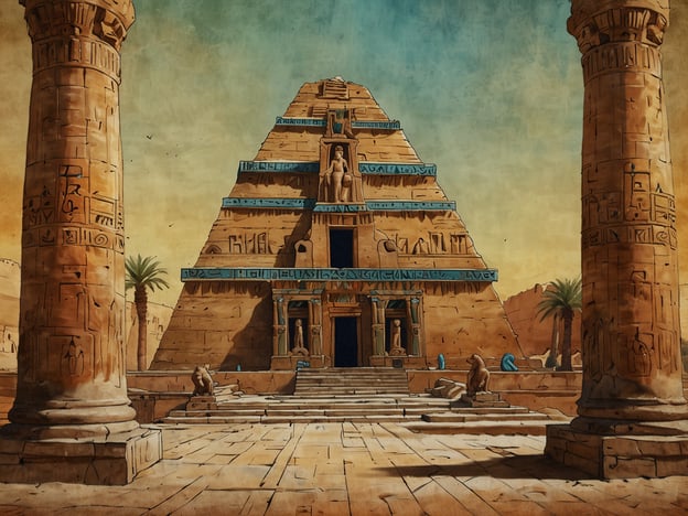 Auf dem Bild ist ein ägyptischer Tempel dargestellt, der typische architektonische Elemente dieser Zeit zeigt. Die monumentalen Strukturen sind charakteristisch für die Architektur des alten Ägypten, die häufig mit Steinblöcken errichtet wurde. 

Besonders auffällig sind die hohen Säulen, die oft mit hieroglyphischen Inschriften und dekorativen Motiven verziert sind. Diese Säulen dienen nicht nur der strukturellen Unterstützung, sondern auch der religiösen Symbolik. 

Der Tempel selbst hat eine pyramidenartige Form, die auf die religiöse Bedeutung hinweist. Pyramiden und Tempel waren Orte der Verehrung, in denen den Göttern Opfer dargebracht wurden. Die Dachkante und die Stufen des Zugangs sind typischerweise erhöht, sodass sie eine Verbindung zwischen der Erde und dem Himmel symbolisieren.

Die Anlage ist umgeben von einer Wüstenlandschaft, die an die geografische Lage der wahren ägyptischen Tempel erinnert. Palmen ergänzen die Darstellung und schaffen eine Vorstellung von Oasen in der kargen Umgebung. All diese Elemente zusammen verdeutlichen die spirituelle und kulturelle Bedeutung der Tempel im alten Ägypten.