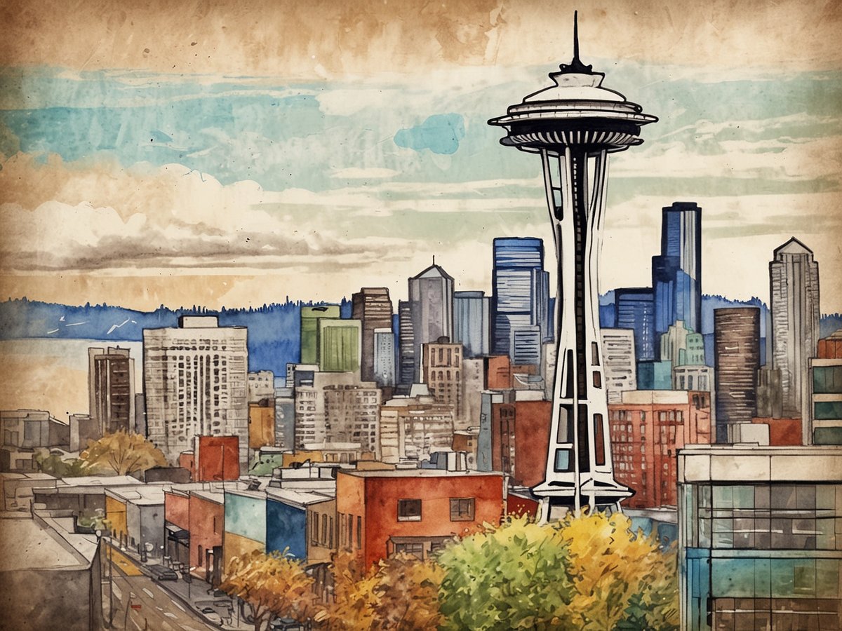 Die Darstellung zeigt die Skyline von Seattle mit dem markanten Space Needle im Vordergrund. Umgeben von modernen Hochhäusern, darunter grüne und blaue Gebäude, bietet die Stadtansicht einen klaren Blick auf die Wolken und den Himmel. Im unteren Bereich sind bunte Geschäftsgebäude und Bäume zu sehen, die der Szenerie eine lebendige Atmosphäre verleihen. Der Blick vermittelt ein Gefühl von Technologie und urbanem Leben, während die natürliche Schönheit der Umgebung hintansteht.