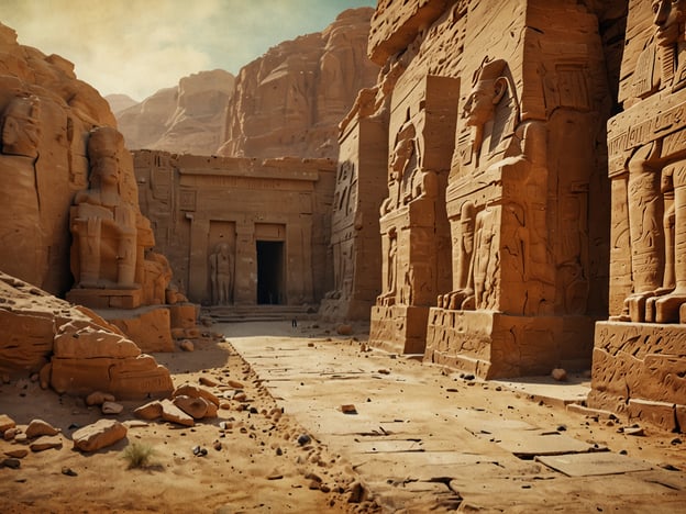 Das Bild zeigt eine beeindruckende architektonische Landschaft, die an den Stil im Tal der Könige erinnert. Hier sieht man massive, kunstvoll gestaltete Felswände und Statuen, die wahrscheinlich zur altägyptischen Kultur gehören. Die Umgebung ist sandig und von Bergen umgeben, was typisch für die Region ist, in der die Pharaonen begraben wurden. Die Szenografie und die Details deuten auf die monumentalen Bauwerke hin, die die Macht und den Glauben der alten Ägypter verkörpern. Es vermittelt ein Gefühl von Geschichte und Ehrfurcht gegenüber der Vergangenheit.