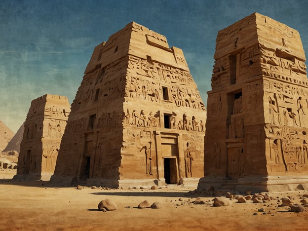 Auf dem Bild sind majestätische, pyramidenartige Bauwerke zu sehen, die stark an die alten Tempel und Monumente Ägyptens erinnern. Diese Strukturen könnten Teil eines Tempelkomplexes sein, der für religiöse Zeremonien oder zur Verehrung von Göttern genutzt wurde. Die kunstvollen Hieroglyphen auf den Wänden zeigen, wie reich die ägyptische Kultur an Geschichte und symbolischer Bedeutung war. Ägypten hat sich über die Jahrtausende hinweg stark verändert, aber solch beeindruckende Bauwerke sind Zeugnisse seiner glorreichen Vergangenheit, die bis heute bewundert werden.