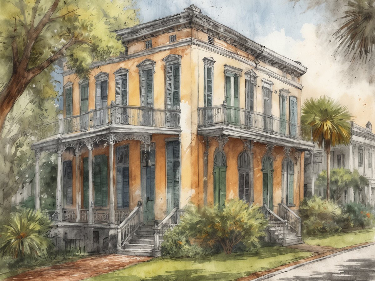 Ein historisches Gebäude in Charleston mit einer auffälligen gelben Fassade und grünen Fensterläden. Die Architektur zeigt elegante Verzierungen und einen großzügigen Balkon, der von filigranen Geländern umgeben ist. Um das Haus herum befinden sich üppige, grüne Pflanzen und Palmen, die die südliche Gastfreundschaft betonen. Die Umgebung vermittelt eine ruhige, einladende Atmosphäre, während die Bäume im Vordergrund Schatten spenden.