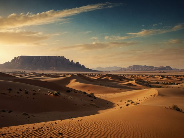 Auf dem Bild ist die majestätische Wüste zu sehen, mit sanften Sanddünen, die sich weitläufig erstrecken. Im Hintergrund erhebt sich ein markanter Berg mit einer flachen Spitze, der die Landschaft beeindruckend ergänzt. Der Himmel hat einen warmen Farbton, der die Schönheit der Wüste betont.