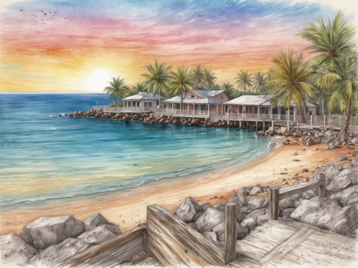 Eine malerische Küstenlandschaft in Key West zeigt sanfte Wellen, die an einen goldenen Sandstrand plätschern. Im Hintergrund erheben sich charmante Holzhäuser mit Veranden unter Palmen, während die Sonne in sanften Pastellfarben am Horizont untergeht. Vögel fliegen über das ruhige Wasser, und naturbelassene Steine säumen die Küste, die eine Atmosphäre von Entspannung und Abenteuer am südlichsten Punkt der USA vermittelt.