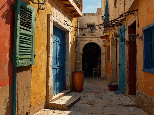 Das Bild zeigt eine malerische Gasse in einer typisch tunesischen Stadt. Die Wände sind in lebhaften Farben gestrichen, darunter Gelb, Orange und Blau, was der Umgebung eine freundliche und einladende Atmosphäre verleiht. Es sind traditionelle Fensterläden zu sehen, die oft in Tunesien zu finden sind. Die Gasse ist schmal und endet in einem Torbogen, der in eine weitere Passage führt. Es gibt einige Pflanzen und alltägliche Gegenstände wie Blumentöpfe, die dem Bild eine lebendige Note verleihen. Solche bunten, verträumten Viertel sind charakteristisch für viele Städte in Tunesien, die reich an Kultur und Geschichte sind.