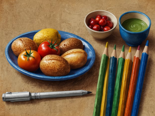 Auf dem Bild sind verschiedene Elemente zu sehen, die kulturelle Vielfalt und Traditionen symbolisieren können. In der Mitte befindet sich ein blauer Teller mit einer Auswahl an Lebensmitteln: verschiedene Brötchen, Tomaten und eine Zitrone. Diese Nahrungsmittel können für die Gastronomie und die Esskultur vieler Länder stehen, in denen Brot und frisches Obst und Gemüse eine wichtige Rolle spielen.

Neben dem Teller gibt es Schalen mit kleinen roten Beeren und einer grünen Soße, was auf lokale Spezialitäten hindeuten könnte. Diese Art von Speisen könnte in verschiedenen Kulturen unterschiedlich zubereitet und serviert werden, was die Vielfalt der traditionellen Küchen widerspiegelt.

Zusätzlich sind bunt angeordnete Buntstifte zu sehen, die Kreativität und den Austausch von Ideen signalisieren. Sie können ein Symbol für künstlerische Traditionen und den Ausdruck kultureller Identität sein. Insgesamt kombiniert das Bild Elemente, die verschiedenen kulturellen Hintergründen und Traditionen entstammen, und fördert das Verständnis und die Wertschätzung der Vielfalt.