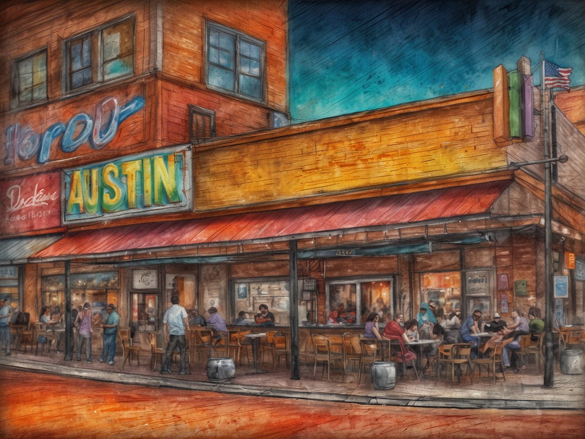 Ein gemütliches Restaurant in Austin mit einem großen, leuchtenden Schild, das den Namen der Stadt zeigt. Die Fassade ist aus Holz und hat eine einladende Atmosphäre. Vor dem Restaurant sitzen Menschen an Tischen, einige essen und andere unterhalten sich. Die Szenerie ist lebhaft, mit Gästen draußen, die das Essen und die Gesellschaft genießen. Im Hintergrund sind Schilder und Fenster des Gebäudes zu sehen, während eine amerikanische Flagge weht. Der Himmel ist in sanften Farben gehalten, was zur entspannten Stimmung beiträgt.