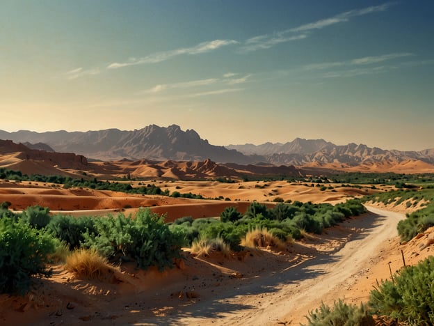 Auf dem Bild ist eine weite Wüstenlandschaft zu sehen. Die sanften, goldenen Sanddünen erstrecken sich bis zum Horizont, während im Hintergrund majestätische Berge sich abzeichnen. Diese Berge sind mit schroffen Felsen und sanften Hügeln versehen. Im Vordergrund wachsen grüne Pflanzen, die eine interessante Kontrastfarbe zur trockenen Wüstenszenerie bilden. Ein staubiger Pfad schlängelt sich durch die Landschaft und deutet auf eine Erkundungsmöglichkeit in dieser beeindruckenden Natur hin.