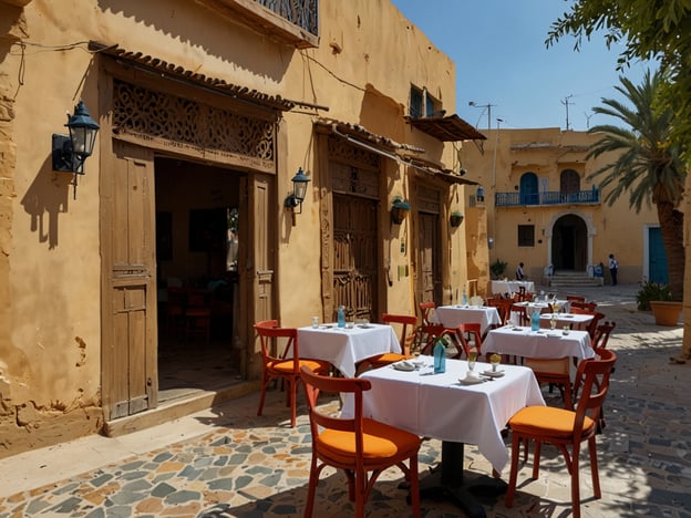 Auf dem Bild sieht man ein charmantes Restaurant mit orangefarbenen Stühlen und weißen Tischen im Freien. Die Wände sind in einem warmen Gelbton gehalten, und es gibt traditionelle architektonische Details, die einen Einblick in die lokale Kultur geben.

**Reisetipps und Empfehlungen:**

1. **Lokale Küche probieren:** Nutze die Gelegenheit, um typische Gerichte der Region zu genießen. Oft bieten Restaurants in solchen Umgebung authentische, hausgemachte Speisen an.

2. **Vormittags oder abends essen:** Die Temperaturen können in der Mittagszeit sehr hoch sein. Plane deine Mahlzeiten entweder am Vormittag oder am Abend, wenn es kühler ist.

3. **Ambiente genießen:** Nimm dir Zeit, um das Ambiente zu genießen. Solche Orte sind häufig sehr fotogen und bieten tolle Möglichkeiten für Erinnerungsfotos.

4. **Einen Spaziergang machen:** Erkunde auch die Umgebung des Restaurants. Oft gibt es interessante Märkte, Geschäfte oder weitere kulturelle Highlights in der Nähe.

5. **Den Sonnenuntergang beobachten:** Wenn du die Möglichkeit hast, beende den Tag mit einem Blick auf den Sonnenuntergang, besonders in einem solch schönen Umfeld. 

Viel Spaß beim Reisen und Genießen der lokalen Kultur!