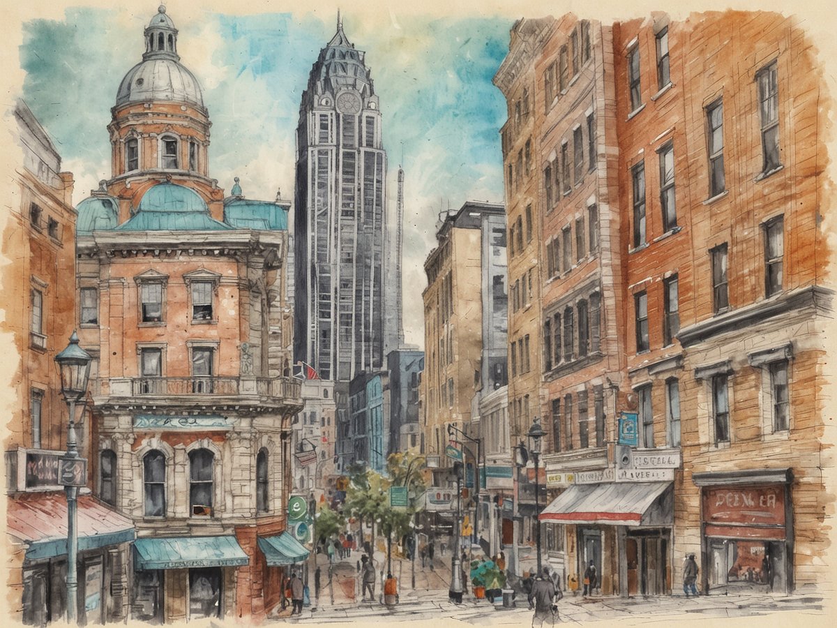 Die Darstellung zeigt eine belebte Straße in Philadelphia, geprägt von historischer und moderner Architektur. Im Vordergrund sind mehrere Gebäude mit unterschiedlichen Baustilen zu sehen, darunter ein prachtvolles, verziertes Gebäude mit einer Kuppel und einem hohen, modernen Wolkenkratzer im Hintergrund. Die Szene ist lebendig mit Fußgängern und Straßencafés, während Laternen und Straßenschilder die Atmosphäre oft städtisch und einladend gestalten. Die Farbpalette ist sanft, was der Szene einen charmanten, malerischen Charakter verleiht.
