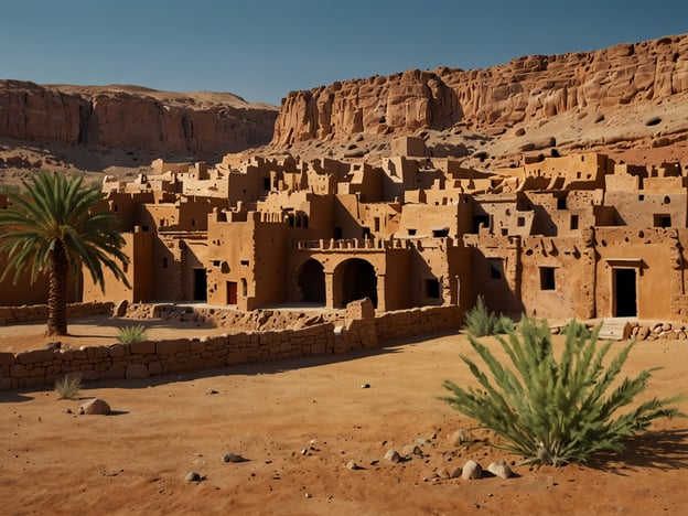 Auf dem Bild ist eine alte, traditionell wirkende Siedlung in einer Wüstenlandschaft zu sehen. Diese Art von Ort erinnert an versteckte Oasen oder antike Städte, die oft an geheimen Plätzen liegen. Ein solcher Ort könnte die Legende von Petra in Jordanien darstellen, wo man in den Felsen geschnitzte Gebäude findet. 

Ein weiteres Beispiel für einen geheimen Ort ist die Stadt Ait Benhaddou in Marokko, ein UNESCO-Weltkulturerbe, das für seine Lehmarchitektur bekannt ist. Diese geheimen Orte ziehen Reisende an, die auf der Suche nach Geschichte und Abenteuer sind.