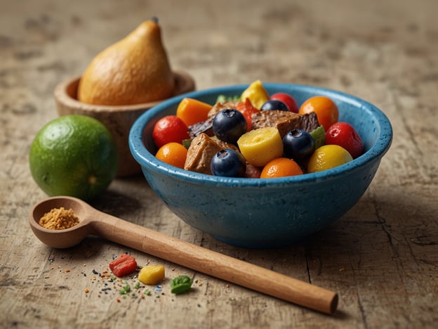 Auf dem Bild ist eine bunte Schüssel mit einer Vielzahl von frischen und saftigen kulinarischen Überraschungen zu sehen. Darin befinden sich verschiedene Früchte wie Blaubeeren, kleine Körbchenfrüchte in unterschiedlichen Farben und Stücken von einer möglicherweise süßen Speise. Neben der Schüssel sieht man eine grüne Limette und eine Birne, die ebenfalls frische Elemente darstellen. Ein Löffel aus Holz mit etwas braunem Zucker und bunte Gewürze auf dem Tisch ergänzen das ansprechende Arrangement, das zum Genießen und Ausprobieren einlädt.