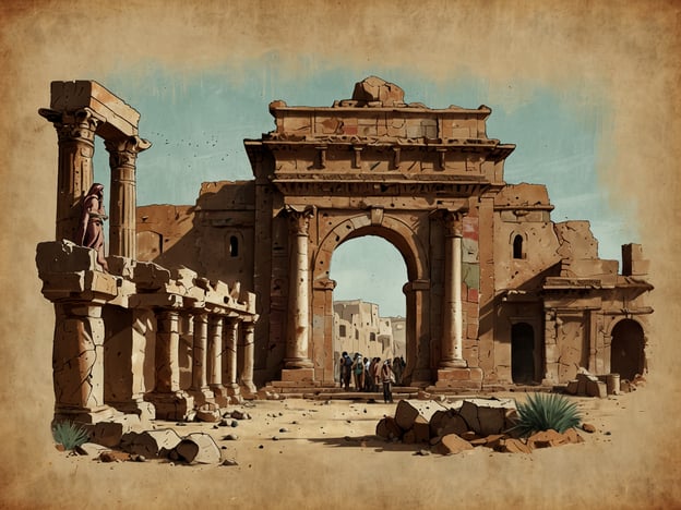 Auf dem Bild sind antike Ruinen zu sehen, die an die reiche Geschichte Libyens erinnern. Libyen war einst Teil des Römischen Reiches, und jene Ruinen könnten Überreste von Städten wie Sabratha oder Leptis Magna darstellen, die für ihre beeindruckenden architektonischen Hinterlassenschaften bekannt sind. Diese Stätten zeigen die Einflüsse der römischen und griechischen Kultur, sowie die Bedeutung der Region im antiken Handel und in der Geographie des Mittelmeers. Die Szene könnte auch das Interesse an der Erforschung und dem Erhalt dieser historischen Stätten darstellen.