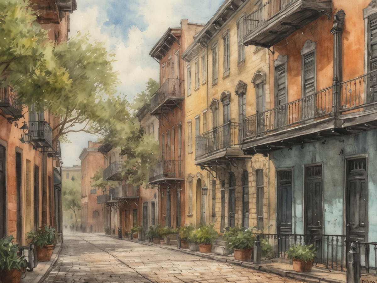 Eine schmale, ruhige Straße in einer historischen Stadt mit beeindruckender Architektur. Die Gebäude sind in sanften Farben gehalten, darunter warme Gelbtöne und sanftes Blau. Verziert mit schmiedeeisernen Balkonen, strahlen sie den Charme des Südens aus. Grünes Laub von Bäumen bietet Schatten und ergänzt die Umgebung mit blühenden Pflanzen in Töpfen auf der Straße. Der Himmel ist leicht bewölkt, was eine sanfte Lichtstimmung erzeugt. Diese Szenerie verkörpert die elegante Atmosphäre und den historischen Flair von Savannah.