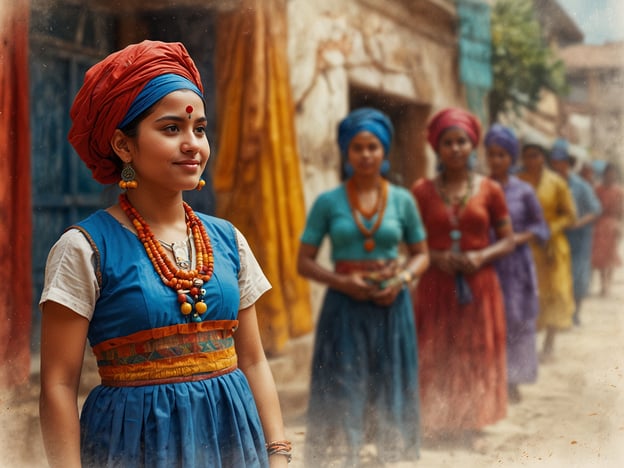 Auf dem Bild sind mehrere Frauen in traditioneller Kleidung zu sehen, die leuchtende Farben und typische Accessoires tragen. Die Vordergrundfigur, die anscheinend im Mittelpunkt steht, trägt eine blaue Tracht mit einem bunten Gürtel und ist mit Schmuck wie Halsketten und Ohrringen geschmückt.  

Diese Darstellungen reflektieren die kulturelle Vielfalt und die Traditionen, die in vielen Gemeinschaften anerkannt werden. Die Farben und Muster der Kleidung sind oft bedeutungsvoll und können regionalen oder ethnischen Hintergrund widerspiegeln. Zudem zeigt die Szene möglicherweise eine gesellschaftliche oder kulturelle Versammlung, die die Solidarität und den Zusammenhalt innerhalb der Gemeinschaft betont. Solche Traditionen sind wichtig für die Identität und das kulturelle Erbe der Menschen.