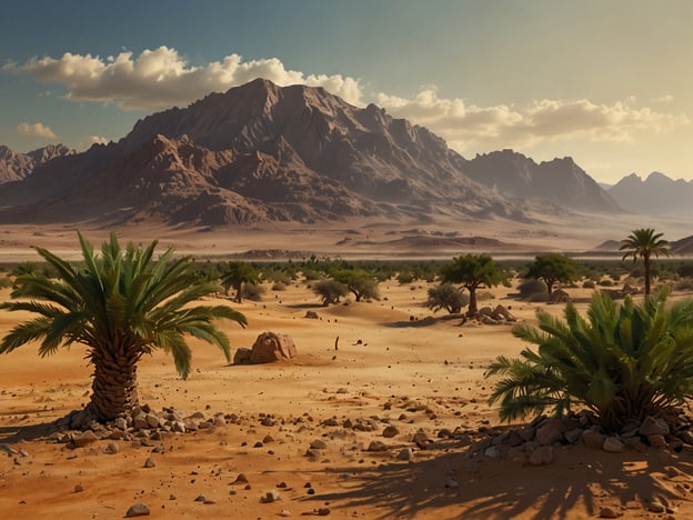 Auf dem Bild ist eine beeindruckende Landschaft zu sehen, die die natürliche Schönheit des Sudans verkörpert. Im Vordergrund stehen üppige Palmen, die sich vor einer weiten, sandigen Fläche erheben. Im Hintergrund erkennt man majestätische Berge, die durch ihre Felsen einen dramatischen Kontrast zur sanften Wüstenlandschaft bilden. Die gesamte Szenerie strahlt eine ruhige und zugleich erhabene Atmosphäre aus, die die einzigartige Flora und Fauna der Region widerspiegelt.