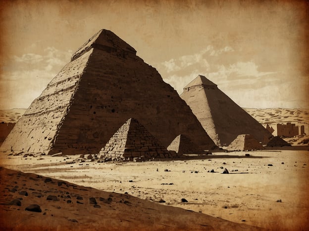 Auf dem Bild sind die Pyramiden von Gizeh in Ägypten zu sehen, die zu den bekanntesten historischen Stätten der Welt gehören. Diese beeindruckenden Bauwerke, darunter die große Pyramide von Cheops, stammen aus der Zeit des alten Ägyptens und sind Teil der sieben Weltwunder der Antike. Sie sind für ihre monumentale Architektur und die geheimnisvollen Grabbauten bekannt, die viele Jahrhunderte überdauert haben. In der Umgebung sind auch kleinere Pyramiden und Sehenswürdigkeiten des alten Ägypten sichtbar.