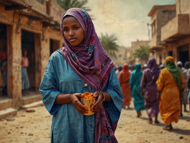 Auf dem Bild ist eine junge Frau in traditioneller Kleidung zu sehen, die einen bunten Tuch trägt. Sie hält eine kleine Schüssel mit orangenen Snacks oder Gemüse in den Händen. Im Hintergrund sind weitere Personen in farbenfrohen Gewändern zu sehen, die in einer geschäftigen Marktumgebung unterwegs sind. Die Szenerie vermittelt ein Gefühl von lebendiger Kultur und Gemeinschaft, das oft auf traditionellen Märkten in vielen afrikanischen Ländern anzutreffen ist. Solche Märkte sind wichtige soziale und wirtschaftliche Zentren, wo Menschen nicht nur Waren, sondern auch kulturelle Identität und Austausch erleben.