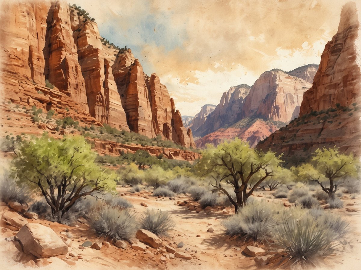 Atemberaubende Canyons und unvergessliche Wanderungen im Zion Nationalpark. Die Szene zeigt hohe, rotbraune Felsen, die steil aufragen und von üppiger Vegetation und niedrigen Sträuchern umgeben sind. Im Hintergrund sind weitere majestätische Berge sichtbar, während der Himmel hell und leicht bewölkt ist, was eine beeindruckende und ruhige Landschaft erzeugt. Der Boden ist von trockenem, sandigem Terrain geprägt, was typisch für die Umgebung ist.