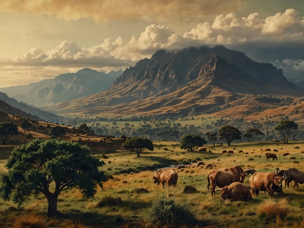 Auf dem Bild ist eine beeindruckende Landschaft zu sehen, die an die majestätische Natur Äthiopiens erinnert. Das Bild zeigt sanfte Hügel und Berge im Hintergrund, umgeben von üppigen, grünen Weiden. Eine Vielzahl von Bäumen, die sich harmonisch in die Umgebung einfügen, sowie friedlich weidende Rinder tragen zur ländlichen Idylle bei. Die dramatische Wolkenbildung am Himmel verleiht der Szenerie eine stimmungsvolle Atmosphäre, die die unberührte Schönheit dieser Region unterstreicht.