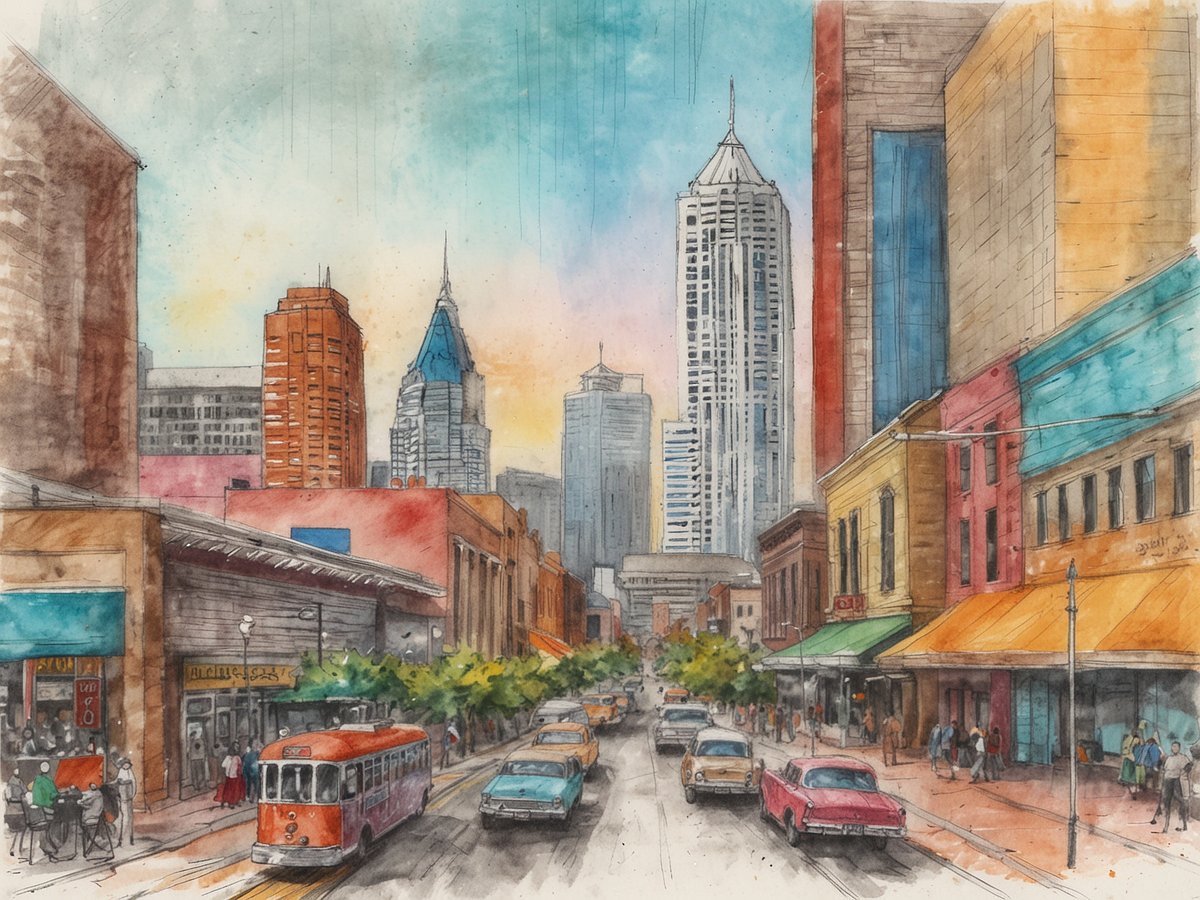Eine belebte Straßenszene in Dallas zeigt moderne Wolkenkratzer, die im Hintergrund aufragen. Auf der Straße sind mehrere Fahrzeuge, darunter ein roter Straßenbahnwagen und klassische Autos, zu sehen. Die Fußgänger schlendern entlang der bunten Geschäfte mit Fassaden in verschiedenen Farbtönen. Grüne Bäume fügen der Szene ein wenig Natur hinzu, während der Himmel in sanften Pastelltönen strahlt und eine lebendige Atmosphäre vermittelt.