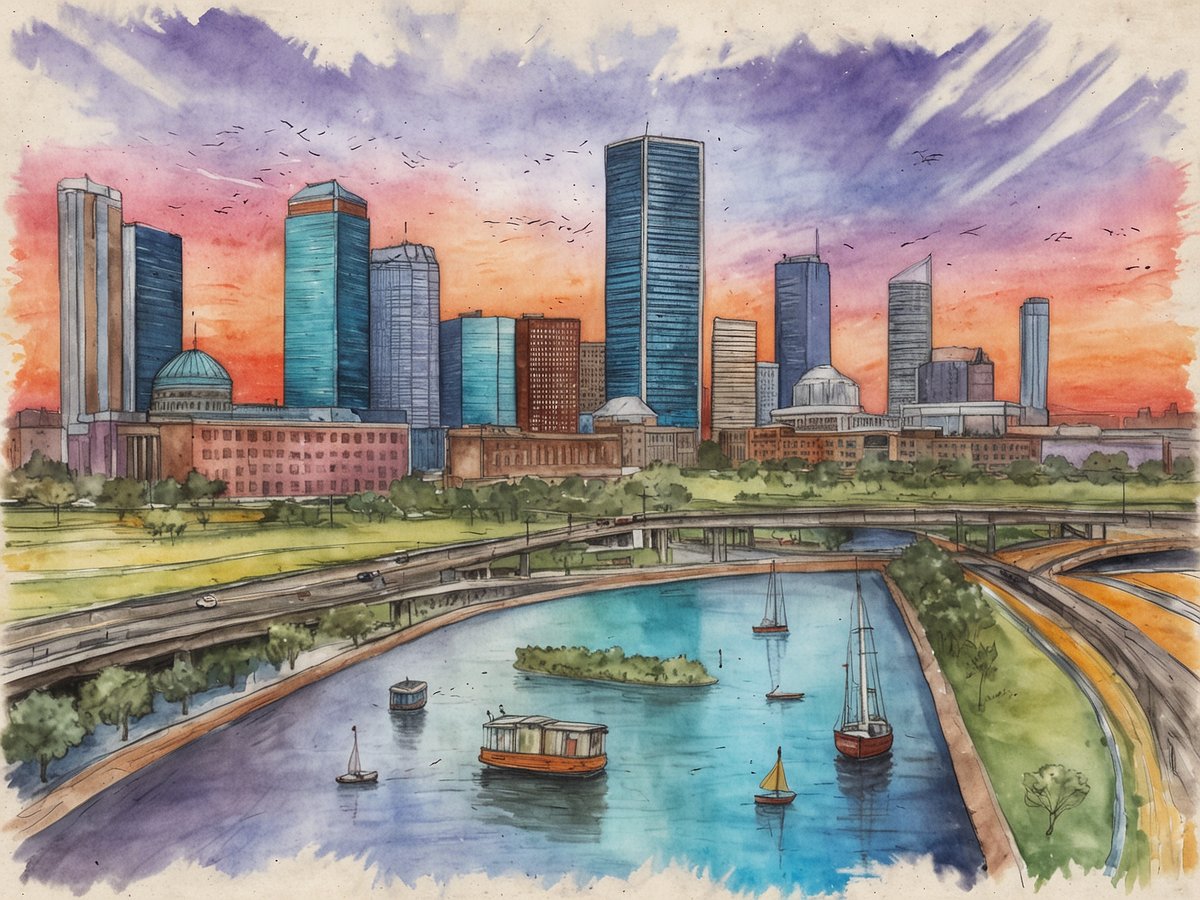 Ein malerischer Blick auf die Skyline von Houston mit modernen Wolkenkratzern im Vordergrund und einem farbenfrohen Sonnenuntergang im Hintergrund. Im Vordergrund fließt ein ruhiger Wasserlauf, auf dem mehrere Boote und Segelboote schwimmen. Die Umgebung ist grün und durchzogen von Straßen, die zur urbanen Landschaft führen. Die Mischung aus Architektur und Natur spiegelt die kulturelle Vielfalt und die wachsende Food-Szene der Stadt wider.