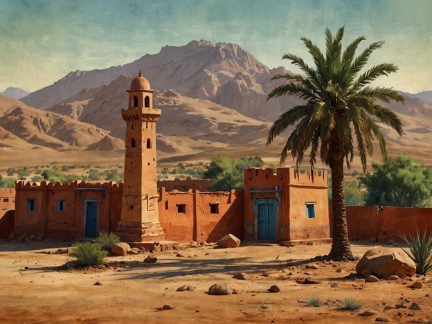 Eritrea ist ein Land im Horn von Afrika, bekannt für seine vielfältige Kultur und historische Architektur. Auf dem Bild ist eine anschauliche Darstellung eines traditionellen, eritreischen Dorfes zu sehen. Im Vordergrund befindet sich ein Mauerwerk aus Erd- oder Lehmziegeln, das für die Architektur in dieser Region typisch ist. Ein charakteristischer Minarett-Turm ragt in die Höhe, während eine Palme und einige Pflanzen die Szene ergänzen. Im Hintergrund erhebt sich ein Gebirges, das die Landschaft prägt. Diese Darstellung spiegelt die Lebensweise und die natürliche Schönheit Eritreas wider.