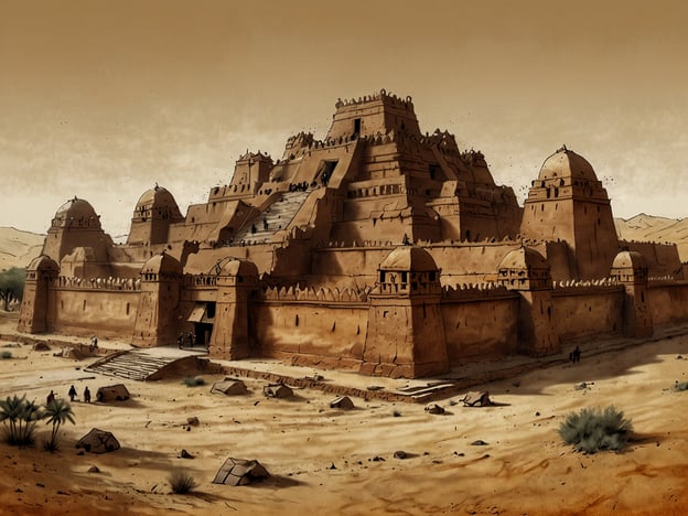 Auf dem Bild ist eine beeindruckende, architektonische Darstellung eines großen Bauwerks zu sehen, das an die Stadt Djenne im Reich von Mali erinnert, insbesondere an die berühmte Djenne-Moschee. Diese Art von Bauwerk ist typisch für die westafrikanische Sahel-Region und zeichnet sich durch ihre Lehmziegelarchitektur und einzigartige Formensprache aus. Solche Strukturen waren oft Zentren des Handels und des Wissens im mittelalterlichen Mali und spielen eine wichtige Rolle in der Geschichte und Kultur dieser Region.